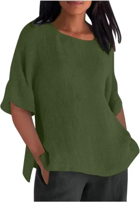 Linen Shirts For Women Loose Fit 3/4 Length Sleeve Summer Tunic Tops 2025 Side Split Dressy Tees Plus Size Blouse