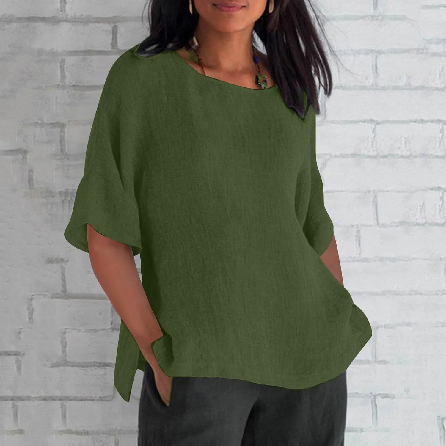 Linen Shirts For Women Loose Fit 3/4 Length Sleeve Summer Tunic Tops 2025 Side Split Dressy Tees Plus Size Blouse