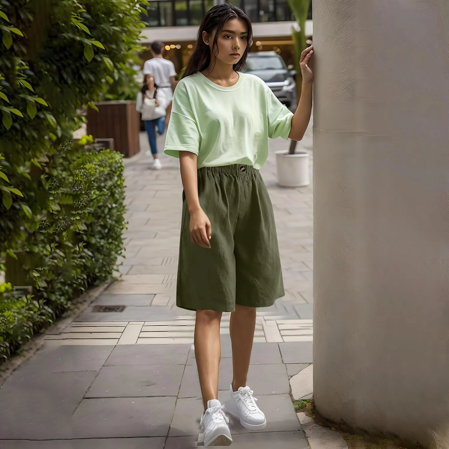 Linen Shorts for Women High Waisted Bermuda Knee Length Wide Leg Elastic Waist Summer Beach Short with Pockets