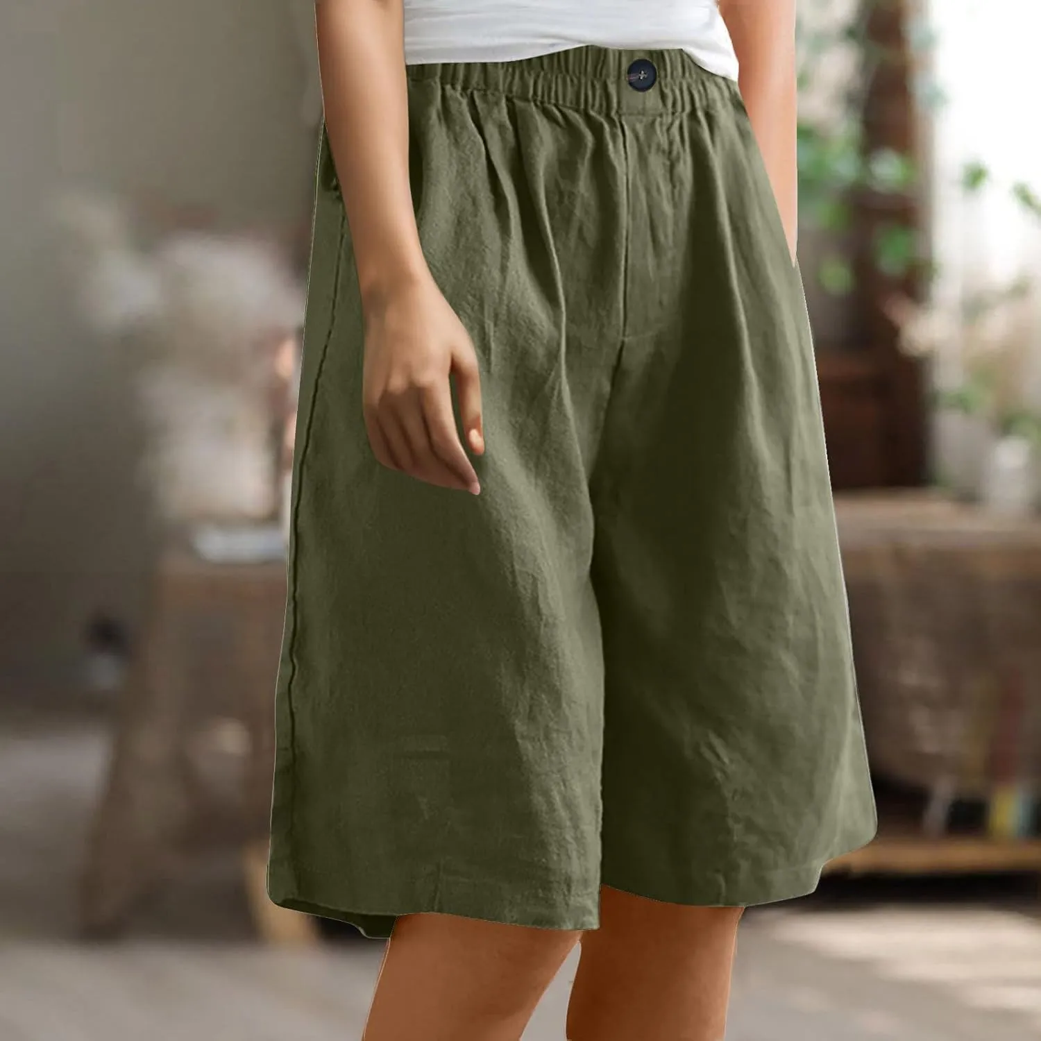 Linen Shorts for Women High Waisted Bermuda Knee Length Wide Leg Elastic Waist Summer Beach Short with Pockets