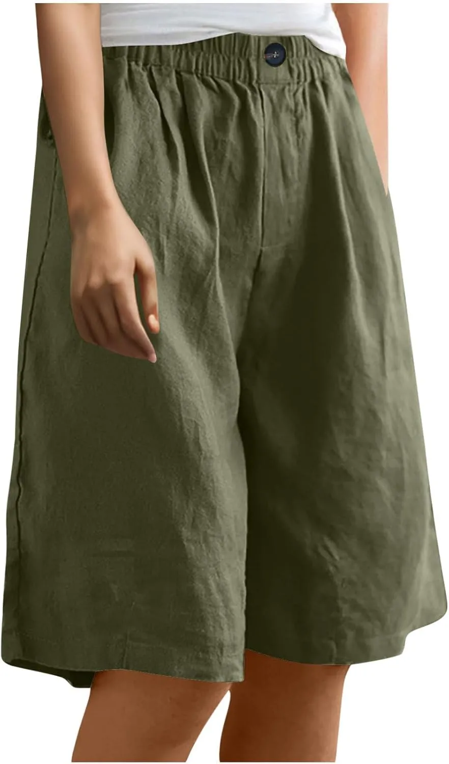 Linen Shorts for Women High Waisted Bermuda Knee Length Wide Leg Elastic Waist Summer Beach Short with Pockets