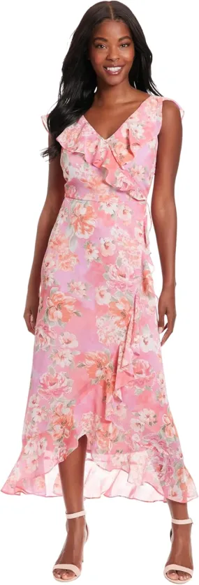 London Times Women's Chiffon Faux Wrap Ruffle Maxi Dress Guest of Wedding