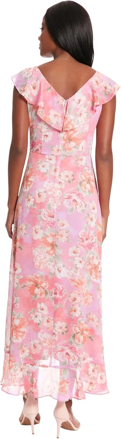 London Times Women's Chiffon Faux Wrap Ruffle Maxi Dress Guest of Wedding