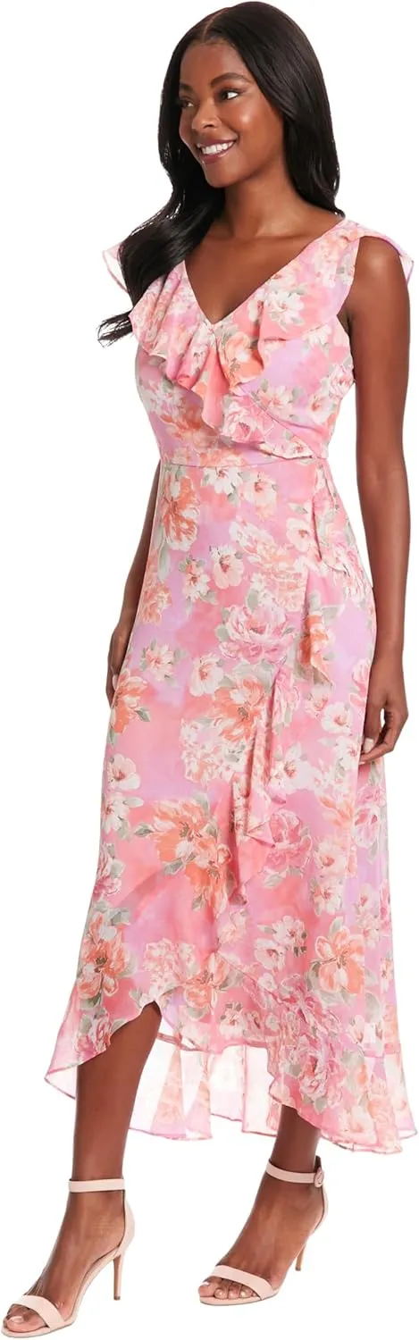 London Times Women's Chiffon Faux Wrap Ruffle Maxi Dress Guest of Wedding