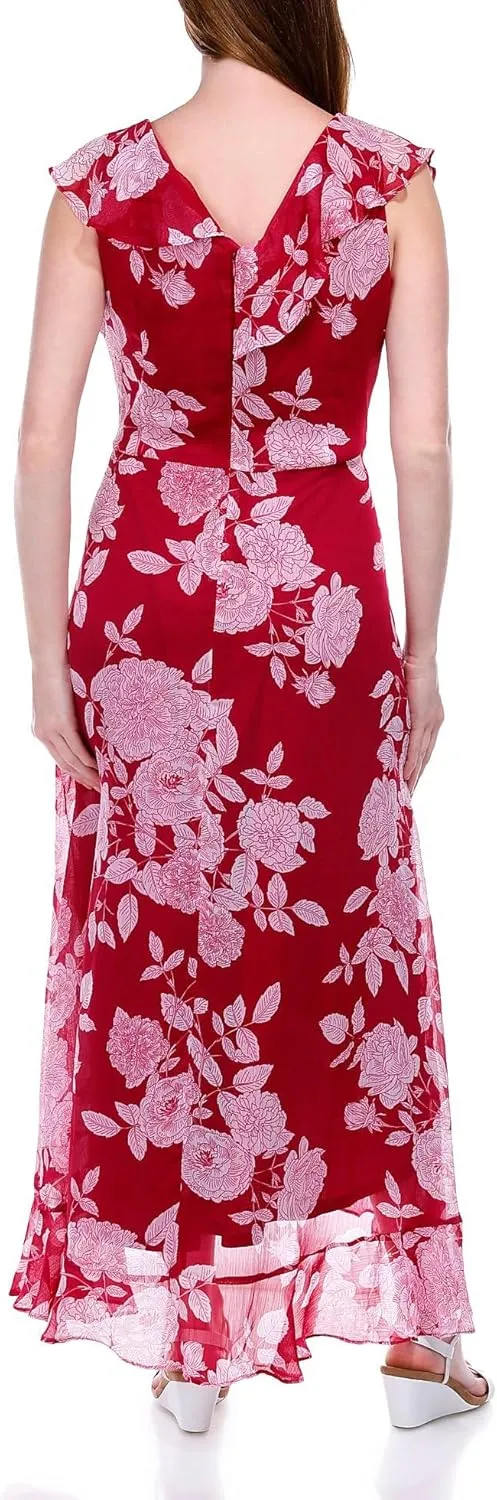 London Times Women's Chiffon Faux Wrap Ruffle Maxi Dress Guest of Wedding