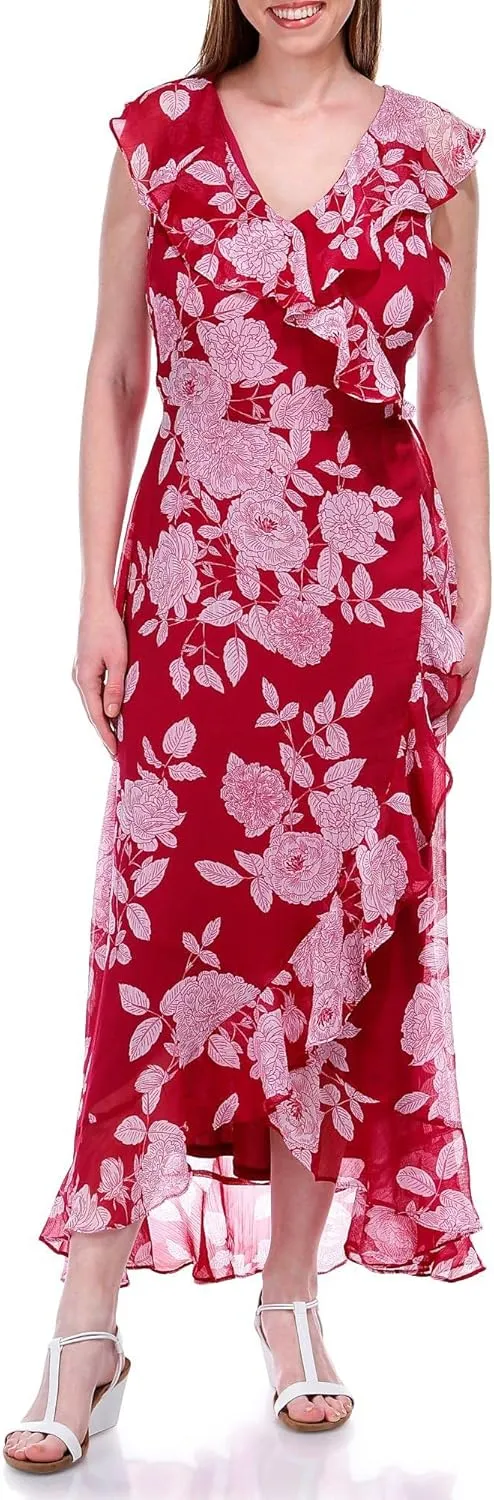 London Times Women's Chiffon Faux Wrap Ruffle Maxi Dress Guest of Wedding