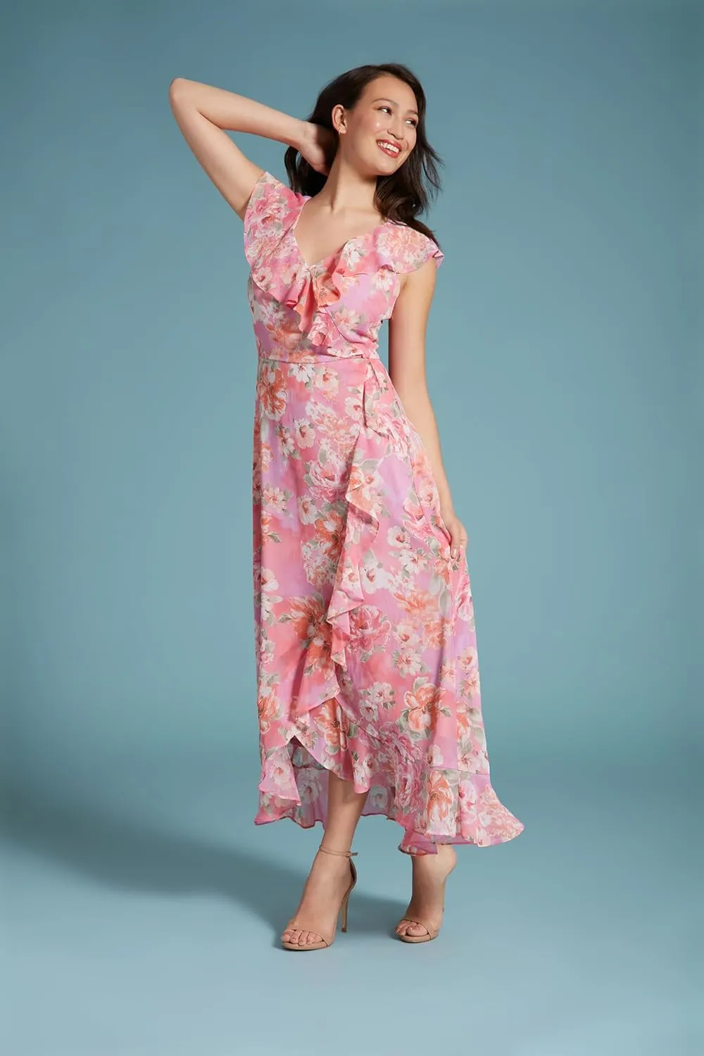 London Times Women's Chiffon Faux Wrap Ruffle Maxi Dress Guest of Wedding