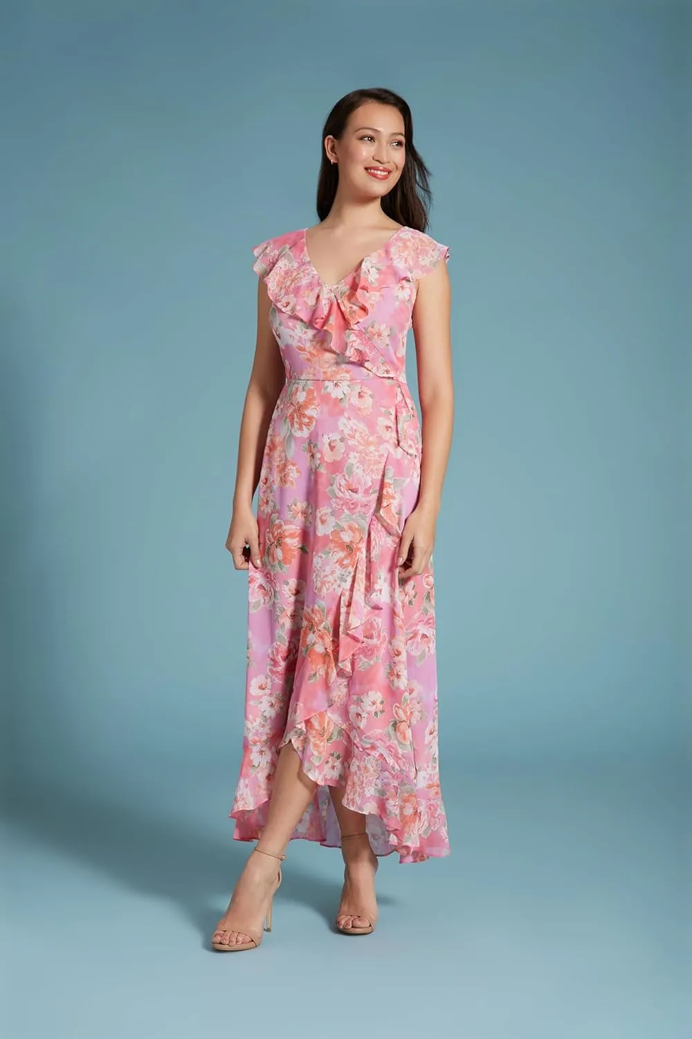 London Times Women's Chiffon Faux Wrap Ruffle Maxi Dress Guest of Wedding