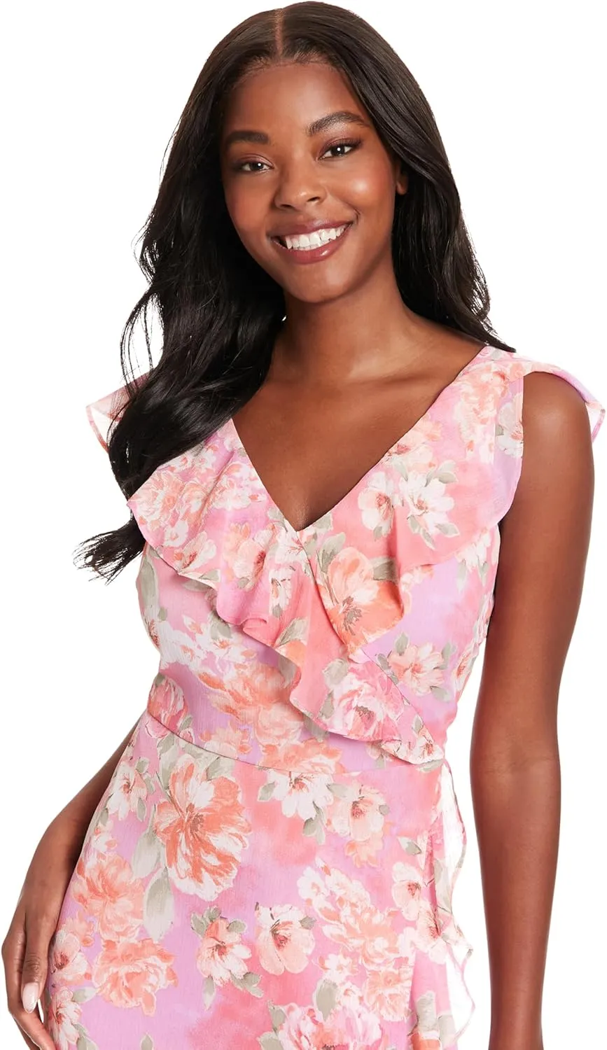 London Times Women's Chiffon Faux Wrap Ruffle Maxi Dress Guest of Wedding