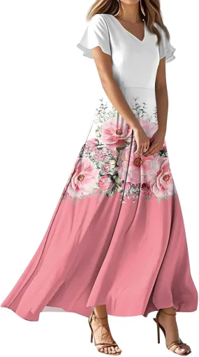 Maxi Dresses for Women,2025 Summer Elegant V Neck Short Sleeve Floral Beach Dress,Flowy Ruched Boho Vacation Dress