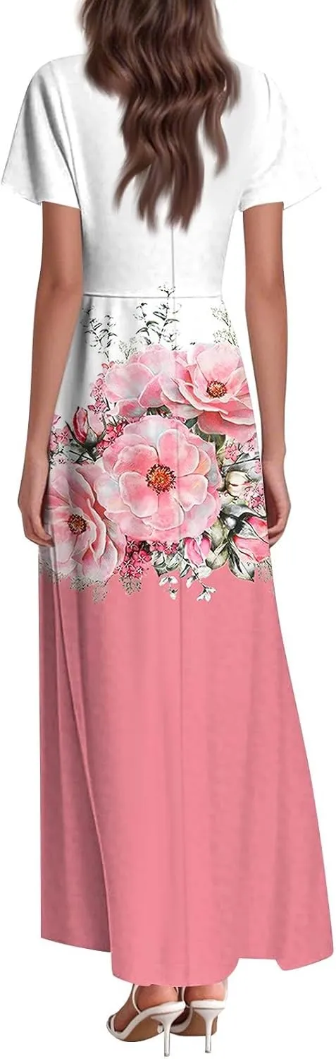 Maxi Dresses for Women,2025 Summer Elegant V Neck Short Sleeve Floral Beach Dress,Flowy Ruched Boho Vacation Dress
