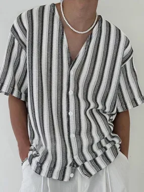 Mens Hollow Out Striped V-Neck Short-Sleeve Shirt SKUK74064