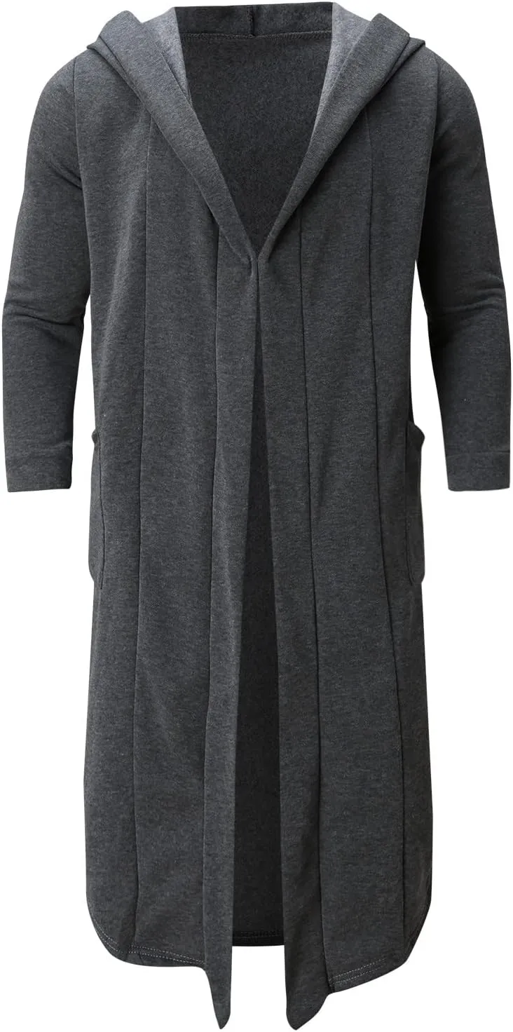 Mens Hooded Cardigans Open Front Asymmetric Hem Coats Loose Shawl Collar Drape Cape Overcoat with Pockets Fall Winter