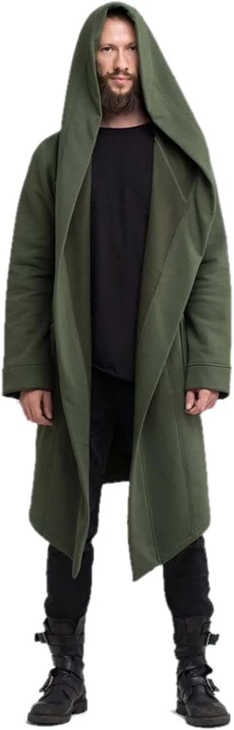 Mens Hooded Cardigans Open Front Asymmetric Hem Coats Loose Shawl Collar Drape Cape Overcoat with Pockets Fall Winter