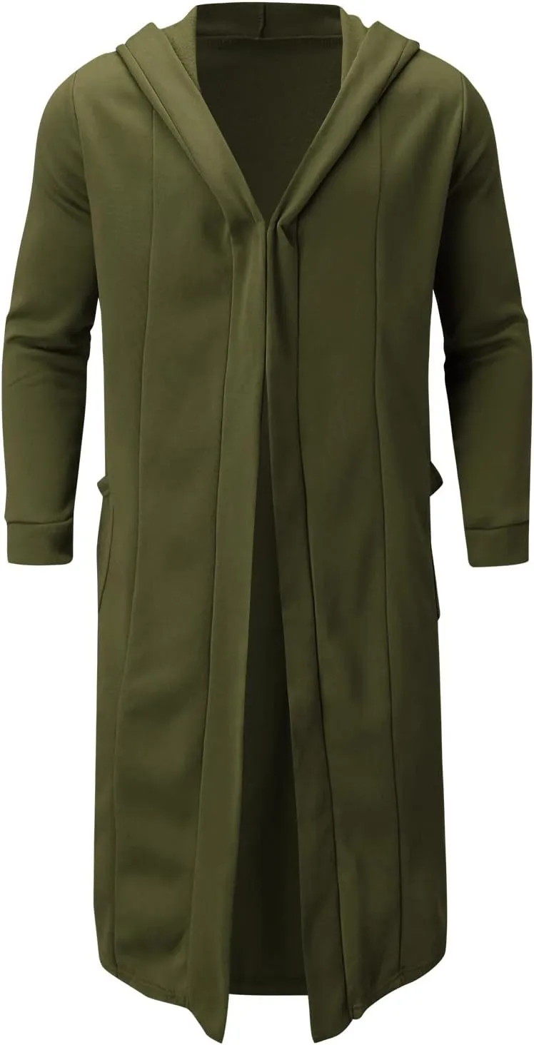 Mens Hooded Cardigans Open Front Asymmetric Hem Coats Loose Shawl Collar Drape Cape Overcoat with Pockets Fall Winter