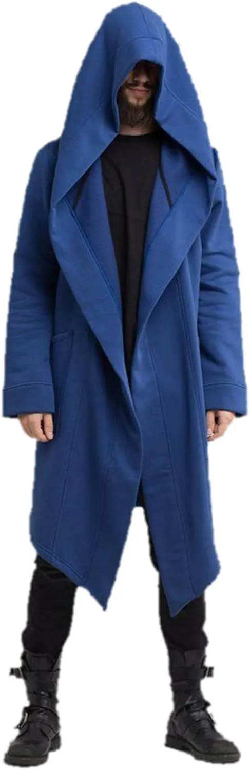 Mens Hooded Cardigans Open Front Asymmetric Hem Coats Loose Shawl Collar Drape Cape Overcoat with Pockets Fall Winter