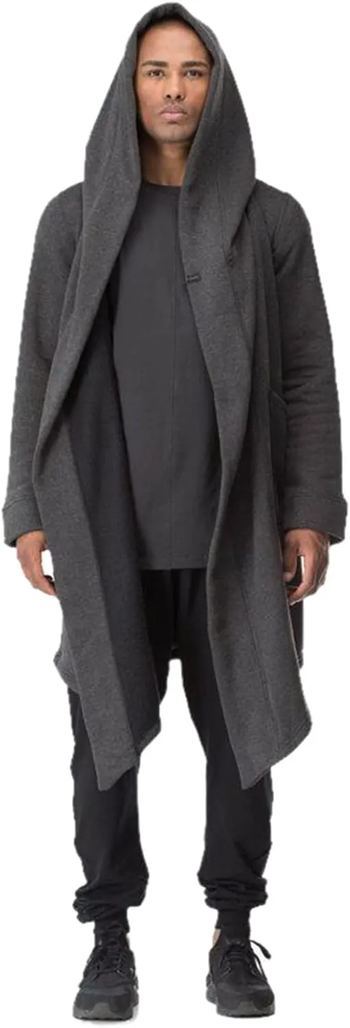 Mens Hooded Cardigans Open Front Asymmetric Hem Coats Loose Shawl Collar Drape Cape Overcoat with Pockets Fall Winter