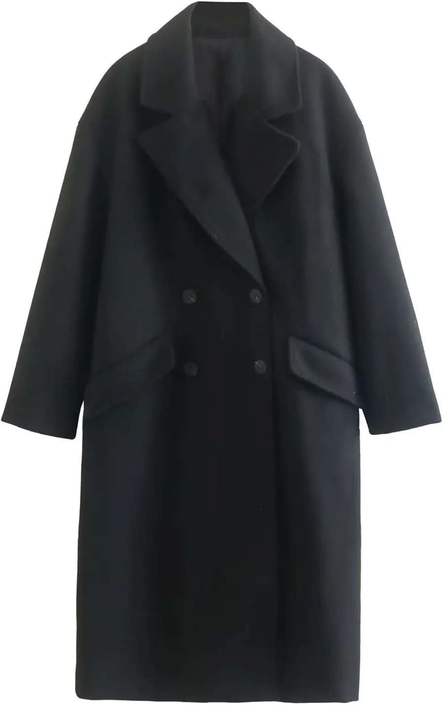 Perbai Womens Notched Lapel Double Breasted Peacoat Loose Mid Long Winter Wool Blend Coat Outerwear