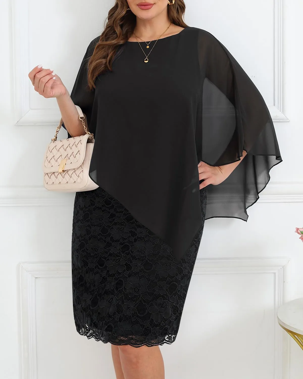 Plus Size Dresses Wedding Guest - Mother Bride Semi Formal Lace Cape with Chiffon Overlay Dresses