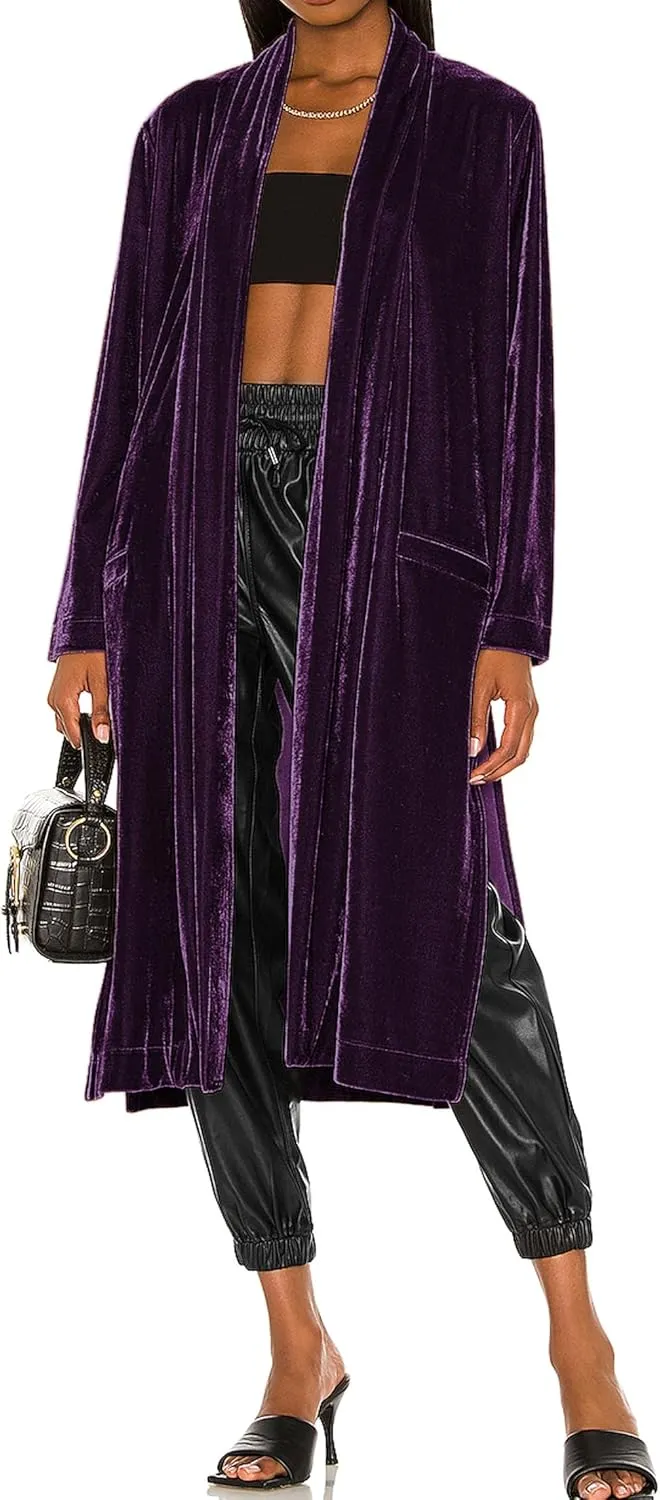R.Vivimos Women's Long Cardigans Fall Velvet Long Sleeve Open Front Side Slit Loose Casual Jackets Duster Coat with Pockets