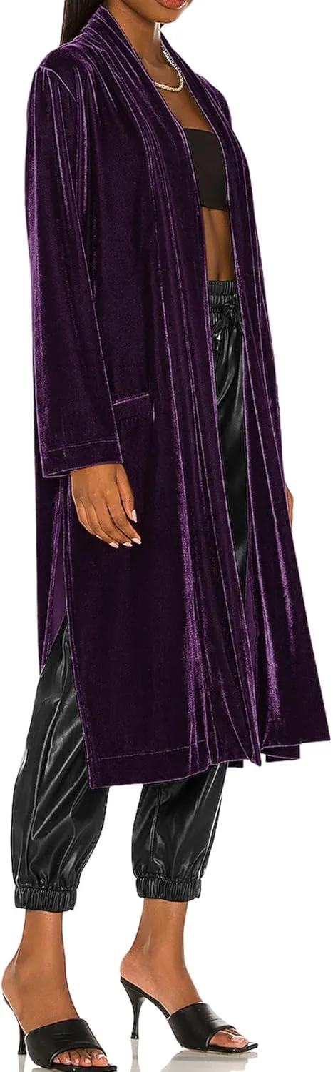 R.Vivimos Women's Long Cardigans Fall Velvet Long Sleeve Open Front Side Slit Loose Casual Jackets Duster Coat with Pockets