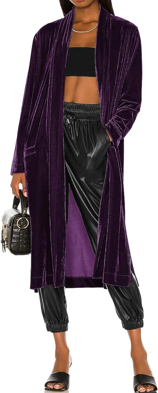R.Vivimos Women's Long Cardigans Fall Velvet Long Sleeve Open Front Side Slit Loose Casual Jackets Duster Coat with Pockets