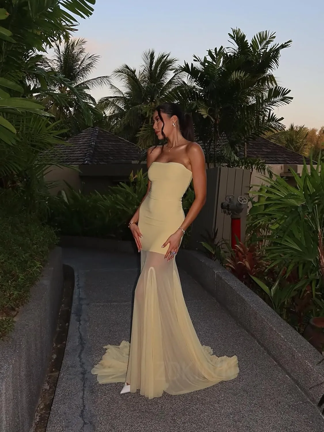 Strapless Long Mermaid Prom Dresses 2025 Patchwork See Through Pleated Ball Gowns LU141