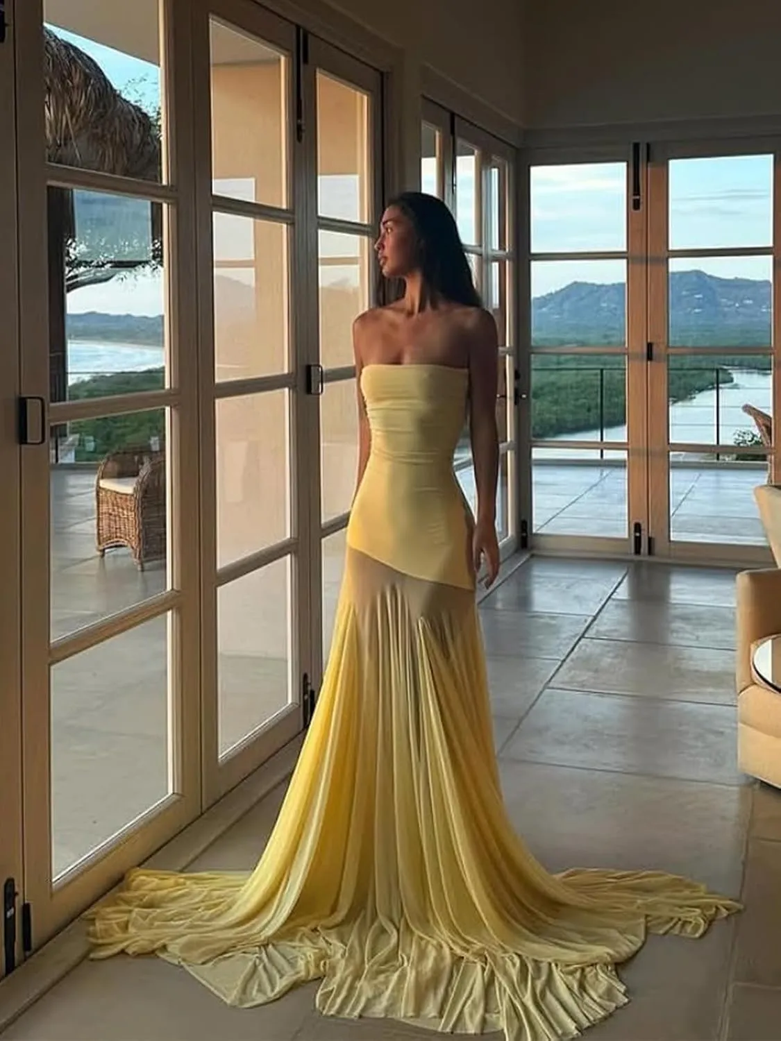 Strapless Long Mermaid Prom Dresses 2025 Patchwork See Through Pleated Ball Gowns LU141