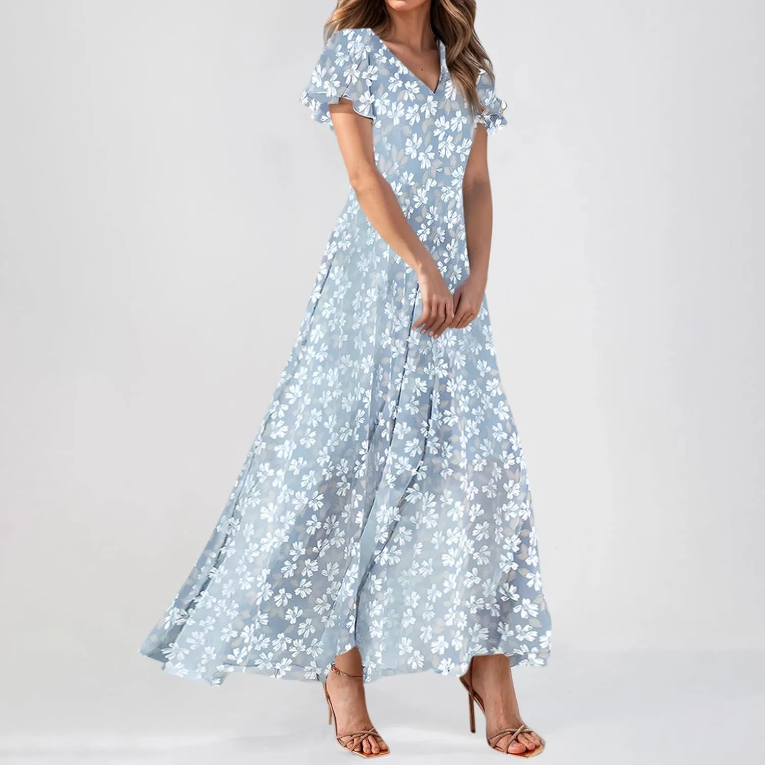 Summer Dress for Women Swing Flowy Ruffle Hem Dresses Short Sleeve Wrap V Neck Chiffon Boho Floral Maxi Dresses