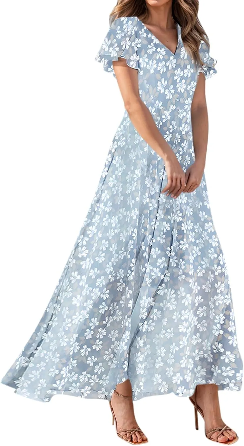 Summer Dress for Women Swing Flowy Ruffle Hem Dresses Short Sleeve Wrap V Neck Chiffon Boho Floral Maxi Dresses