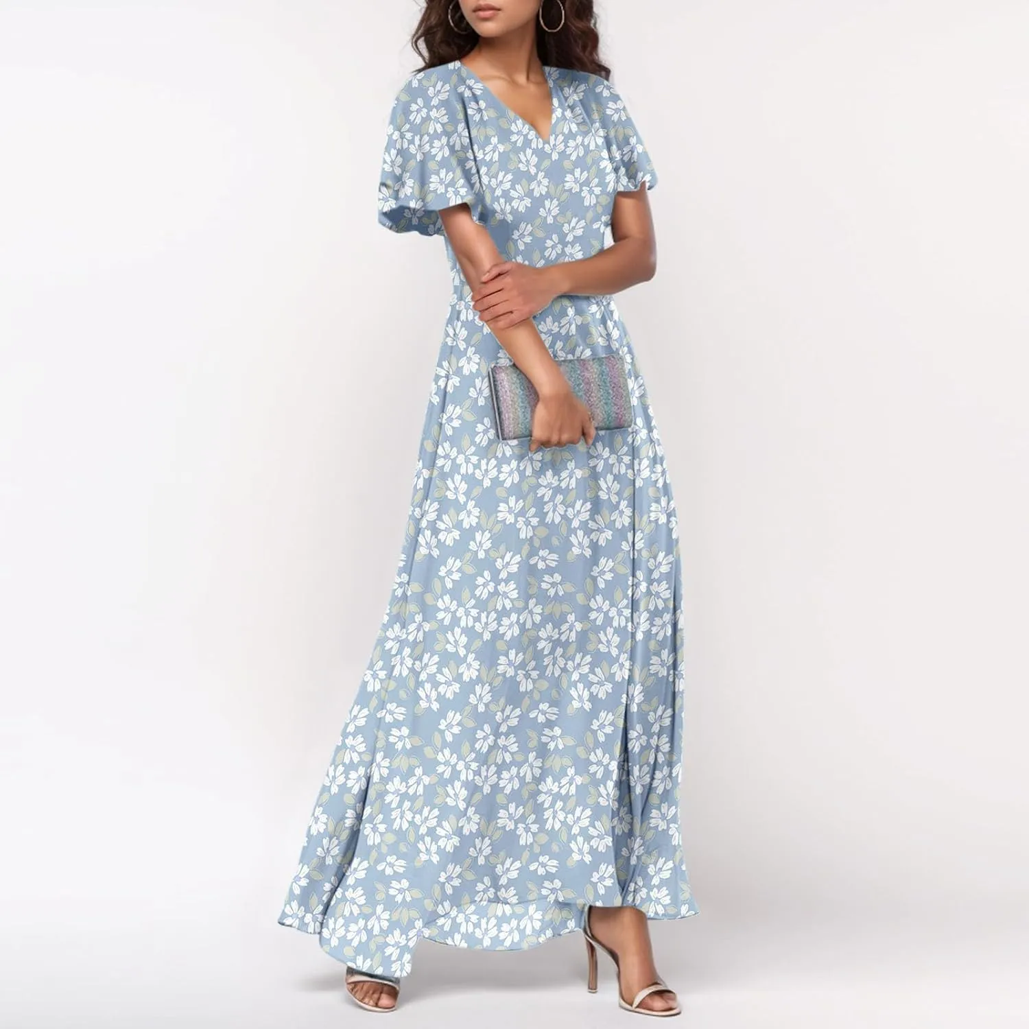 Summer Dress for Women Swing Flowy Ruffle Hem Dresses Short Sleeve Wrap V Neck Chiffon Boho Floral Maxi Dresses