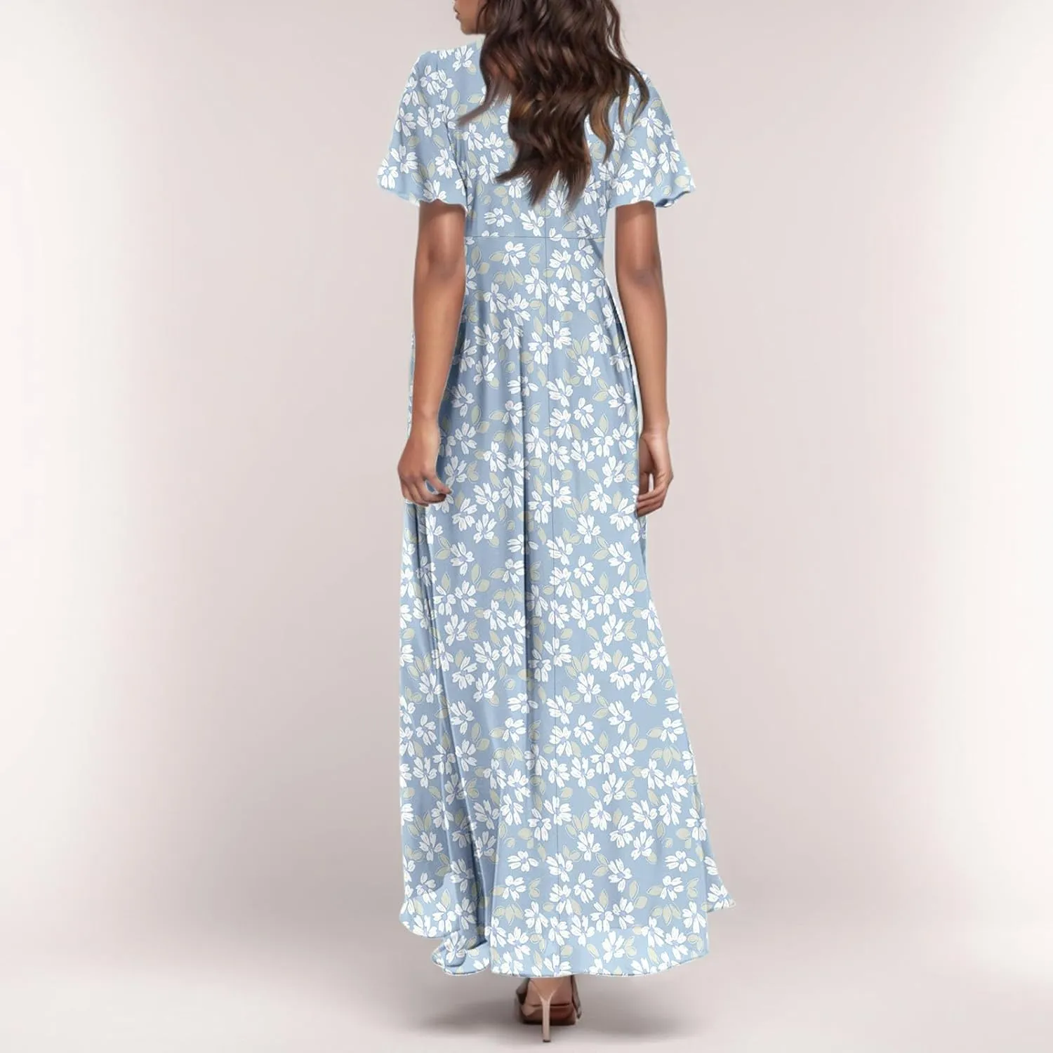 Summer Dress for Women Swing Flowy Ruffle Hem Dresses Short Sleeve Wrap V Neck Chiffon Boho Floral Maxi Dresses