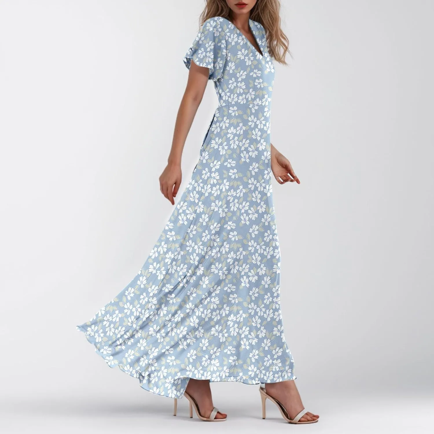 Summer Dress for Women Swing Flowy Ruffle Hem Dresses Short Sleeve Wrap V Neck Chiffon Boho Floral Maxi Dresses