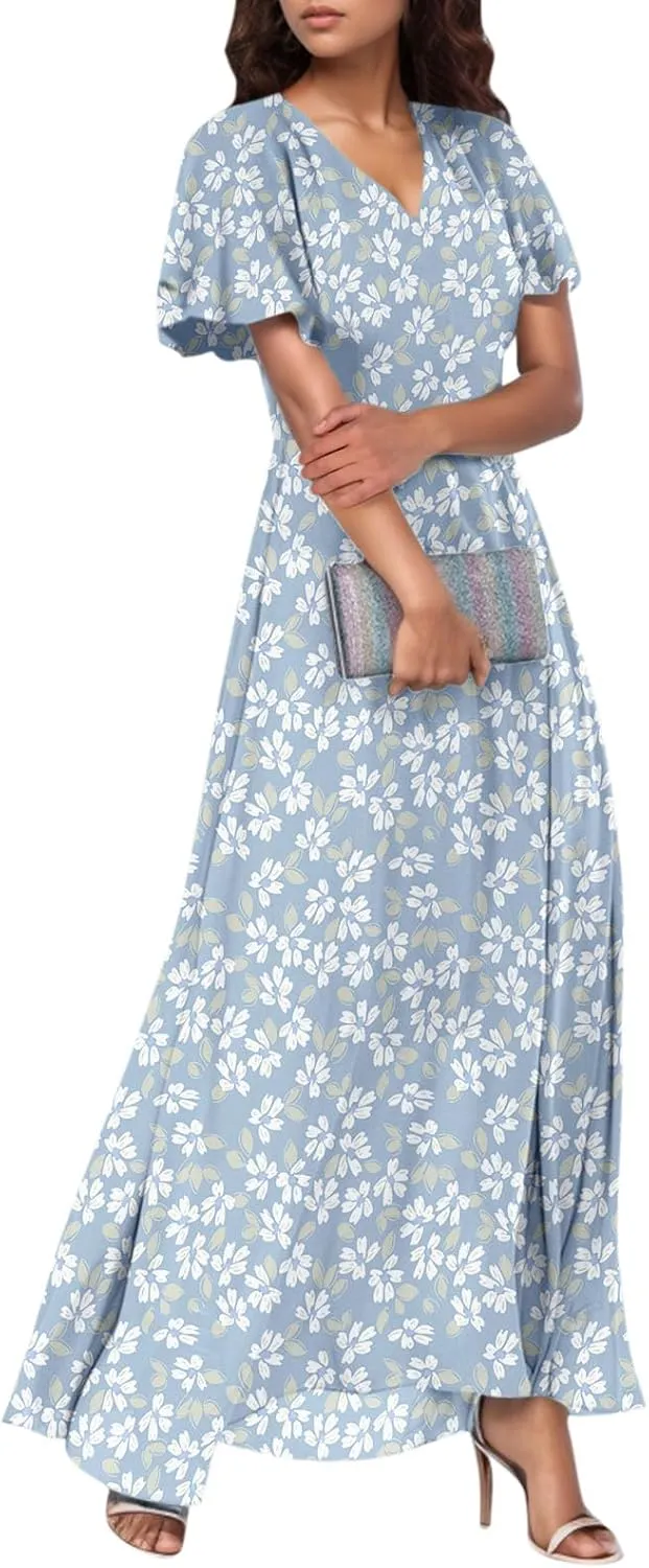 Summer Dress for Women Swing Flowy Ruffle Hem Dresses Short Sleeve Wrap V Neck Chiffon Boho Floral Maxi Dresses