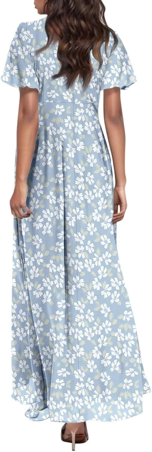 Summer Dress for Women Swing Flowy Ruffle Hem Dresses Short Sleeve Wrap V Neck Chiffon Boho Floral Maxi Dresses