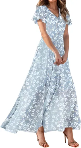 Summer Dress for Women Swing Flowy Ruffle Hem Dresses Short Sleeve Wrap V Neck Chiffon Boho Floral Maxi Dresses