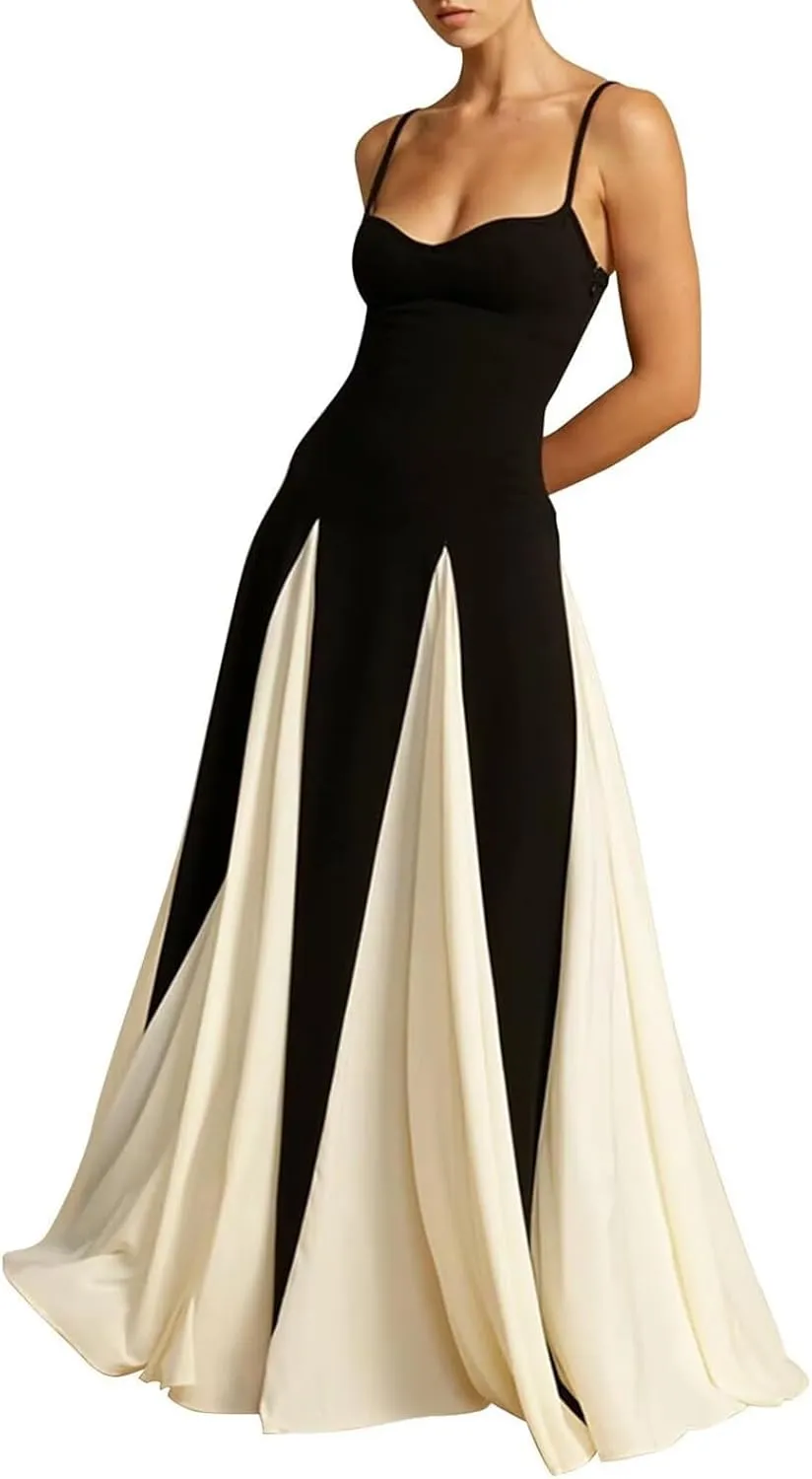 Vacation Dresses for Women 2025 Color Block Spaghetti Strap Maxi Dress Pleated High Waist A Line Long Dresses