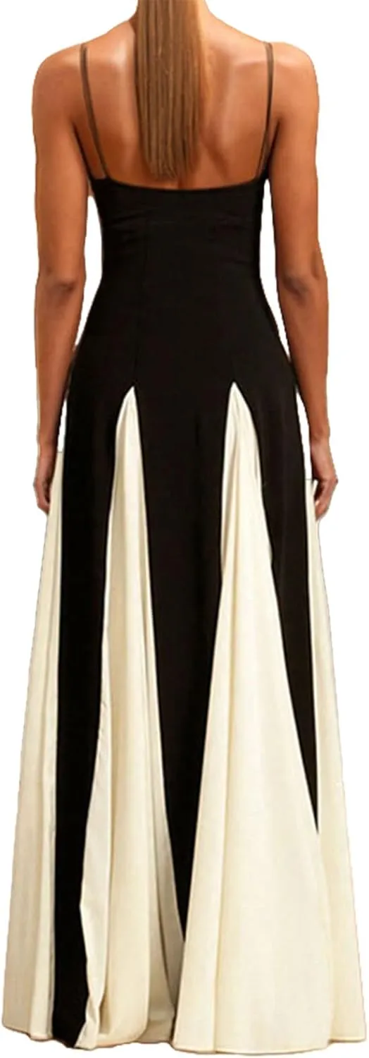Vacation Dresses for Women 2025 Color Block Spaghetti Strap Maxi Dress Pleated High Waist A Line Long Dresses