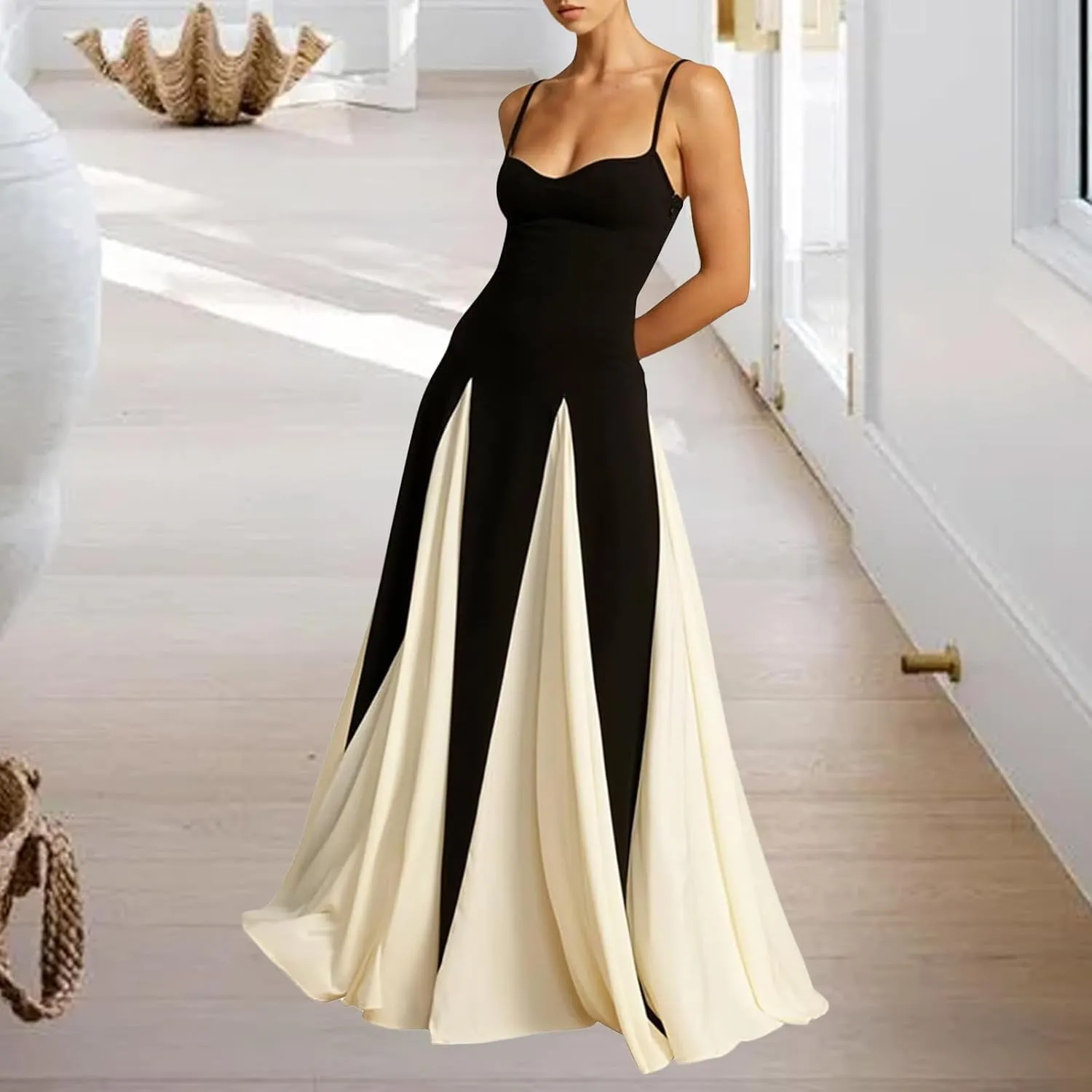 Vacation Dresses for Women 2025 Color Block Spaghetti Strap Maxi Dress Pleated High Waist A Line Long Dresses