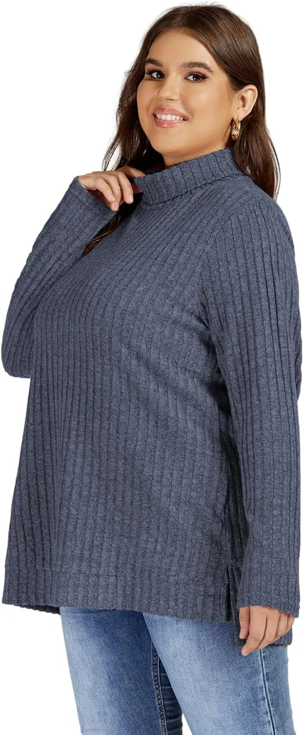 VISLILY Womens-Plus-Size-Tops Trendy Turtleneck Lightweight Sweaters Casual Long Sleeve Shirts Dressy Side Split Tunics 1X-5X