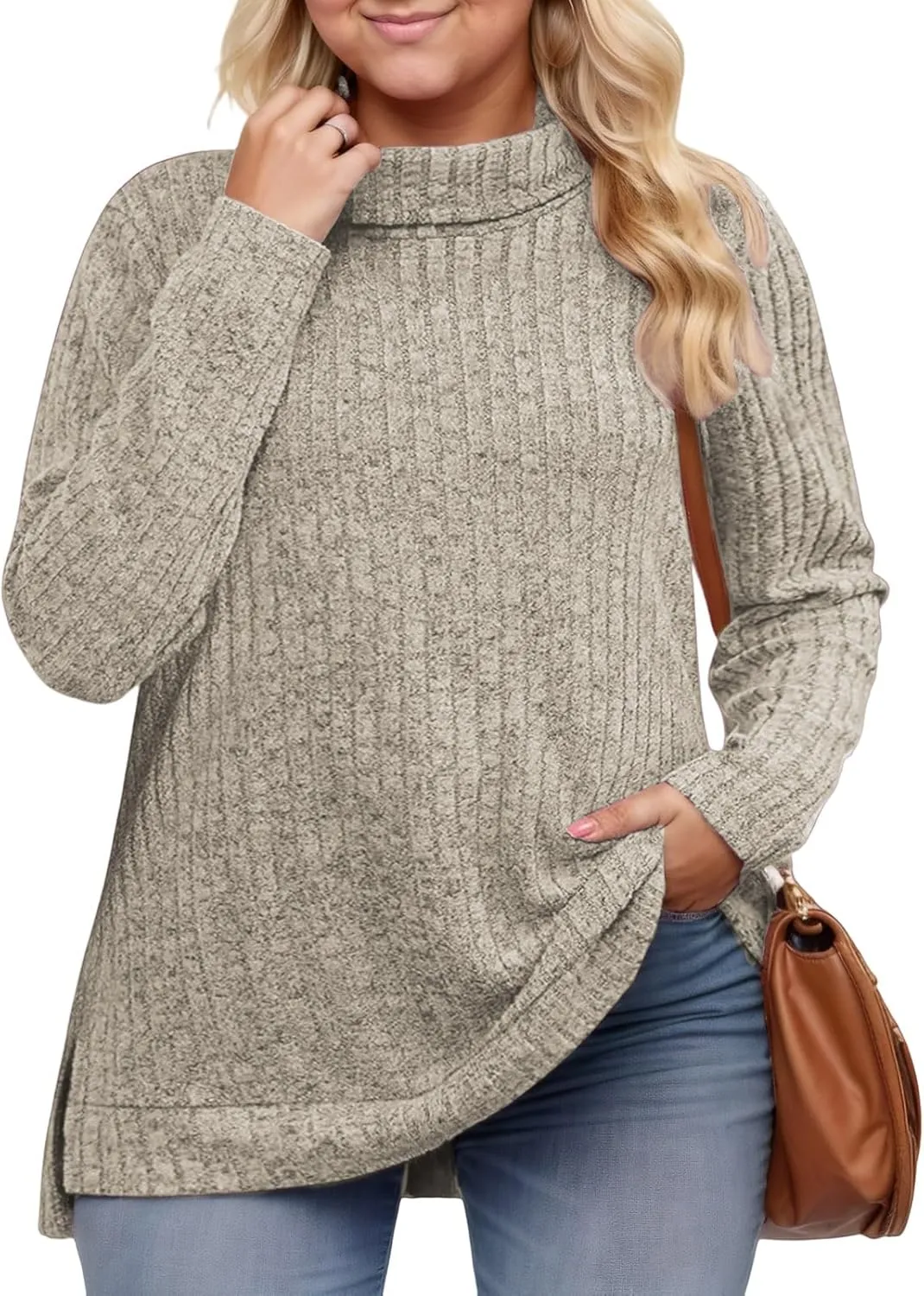 VISLILY Womens-Plus-Size-Tops Trendy Turtleneck Lightweight Sweaters Casual Long Sleeve Shirts Dressy Side Split Tunics 1X-5X