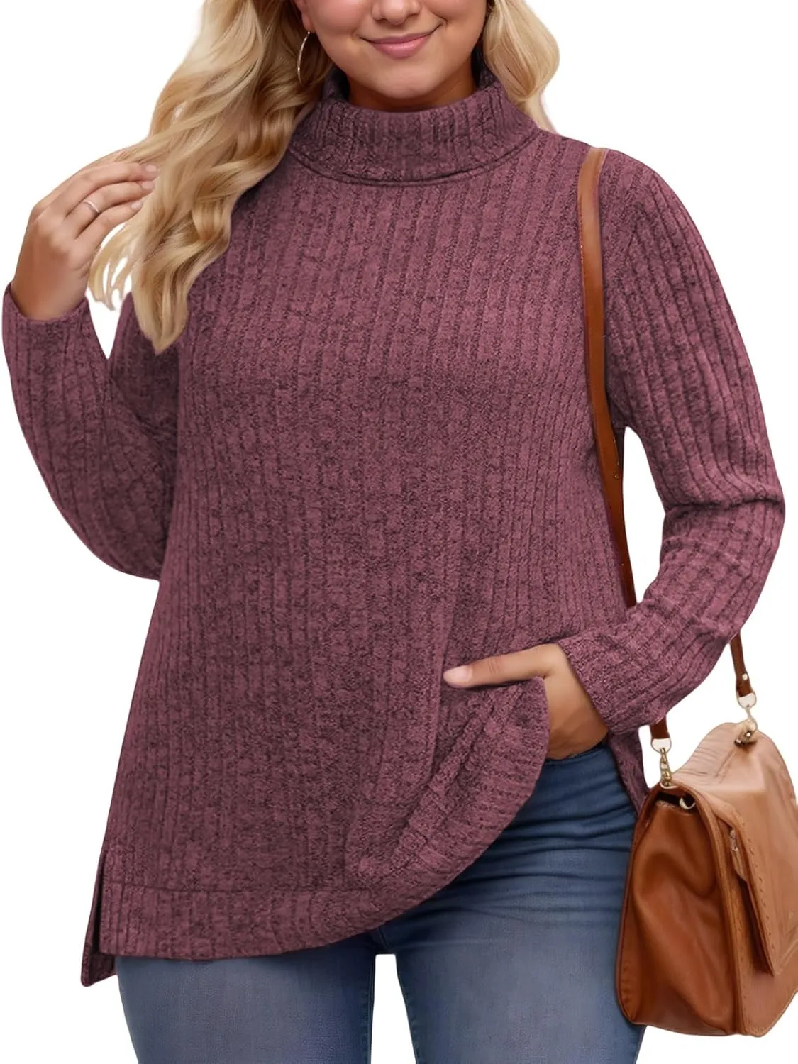 VISLILY Womens-Plus-Size-Tops Trendy Turtleneck Lightweight Sweaters Casual Long Sleeve Shirts Dressy Side Split Tunics 1X-5X