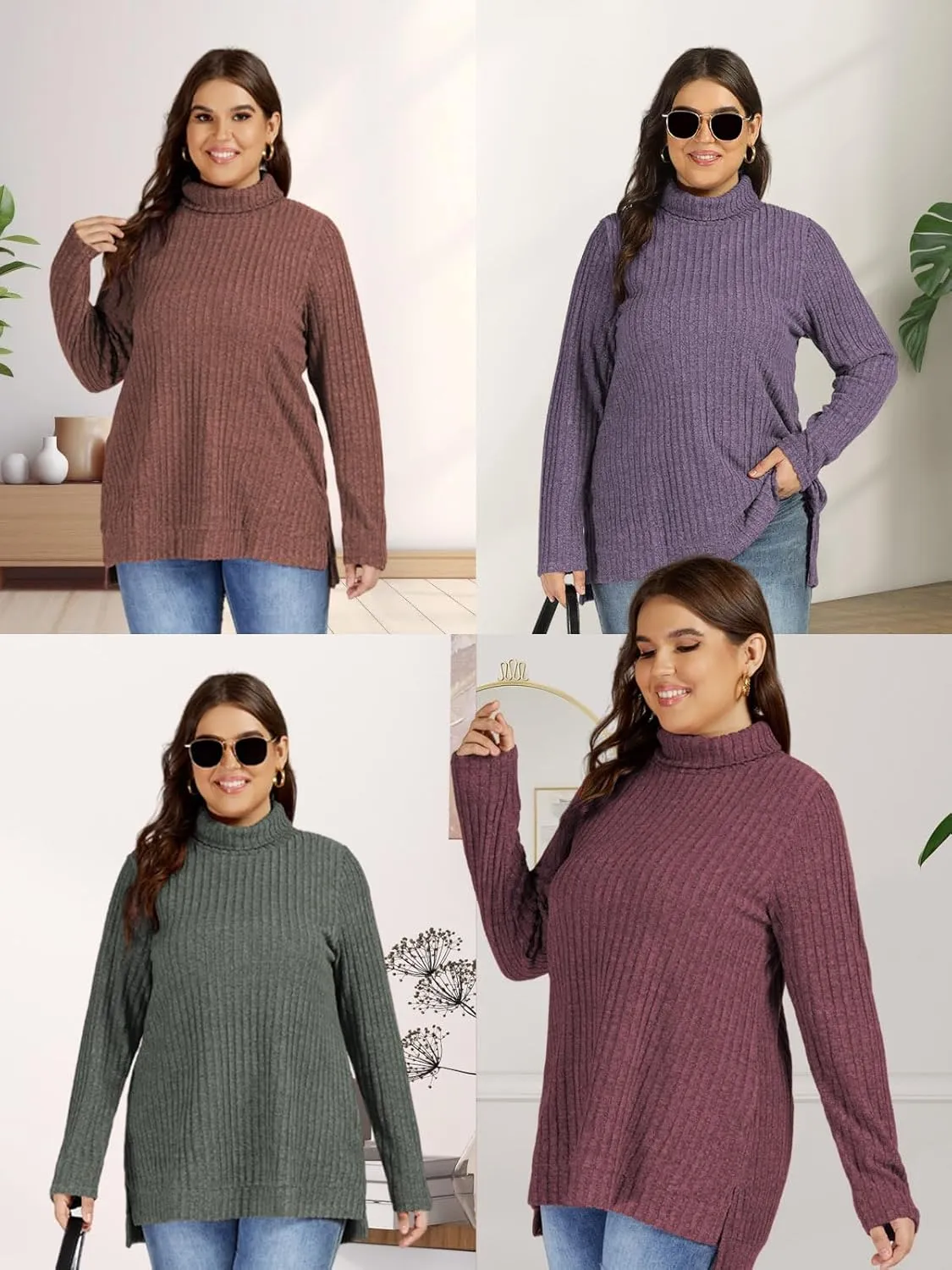VISLILY Womens-Plus-Size-Tops Trendy Turtleneck Lightweight Sweaters Casual Long Sleeve Shirts Dressy Side Split Tunics 1X-5X
