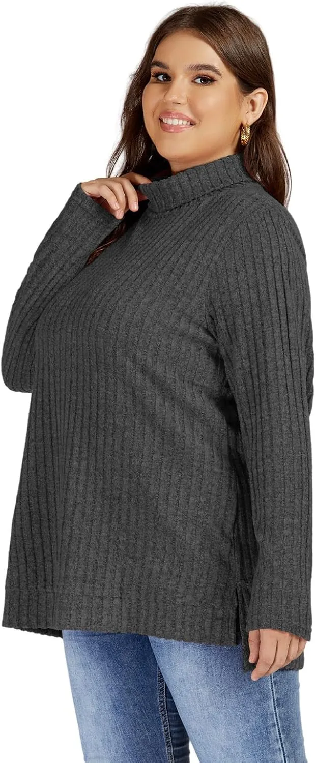 VISLILY Womens-Plus-Size-Tops Trendy Turtleneck Lightweight Sweaters Casual Long Sleeve Shirts Dressy Side Split Tunics 1X-5X