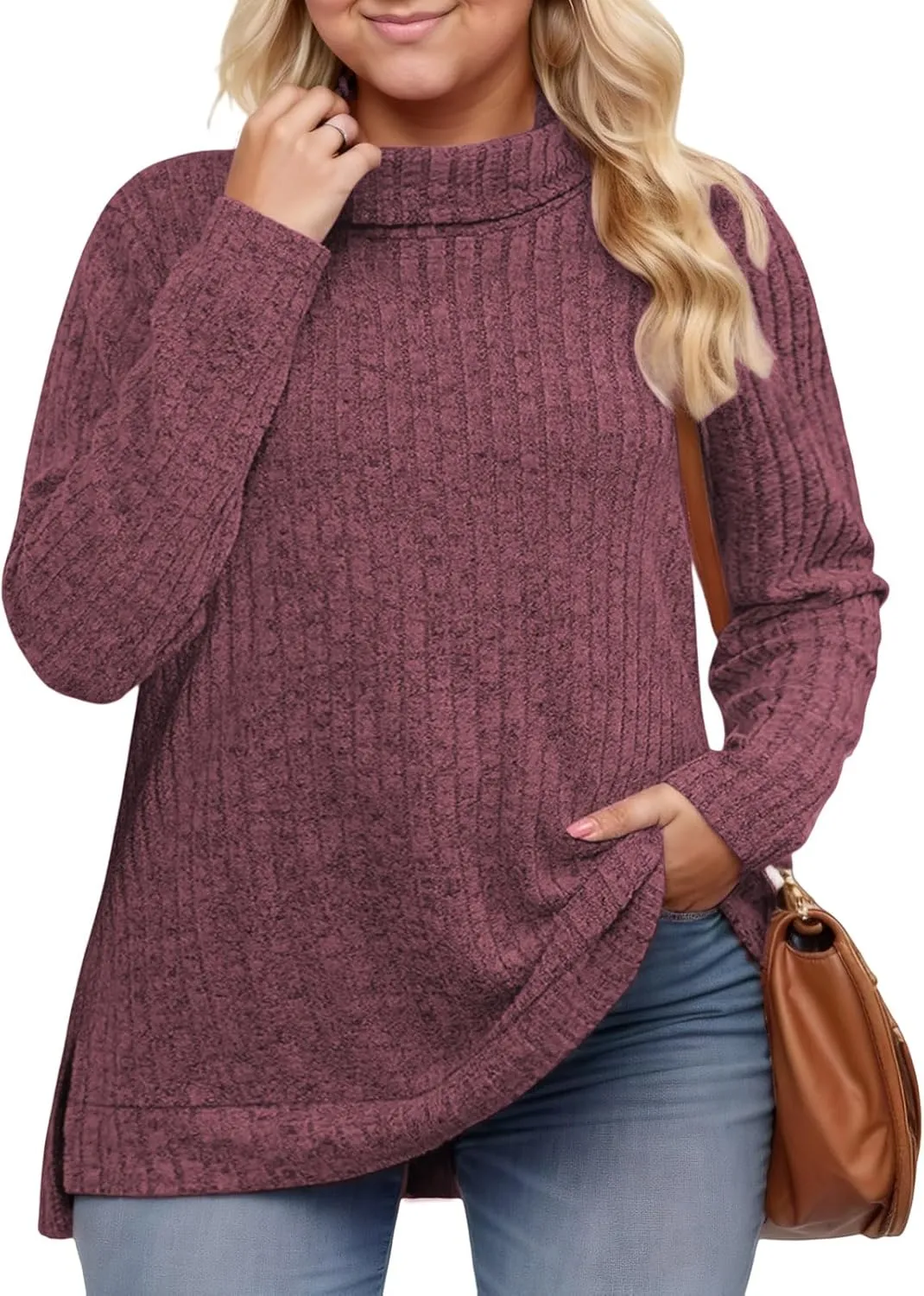 VISLILY Womens-Plus-Size-Tops Trendy Turtleneck Lightweight Sweaters Casual Long Sleeve Shirts Dressy Side Split Tunics 1X-5X