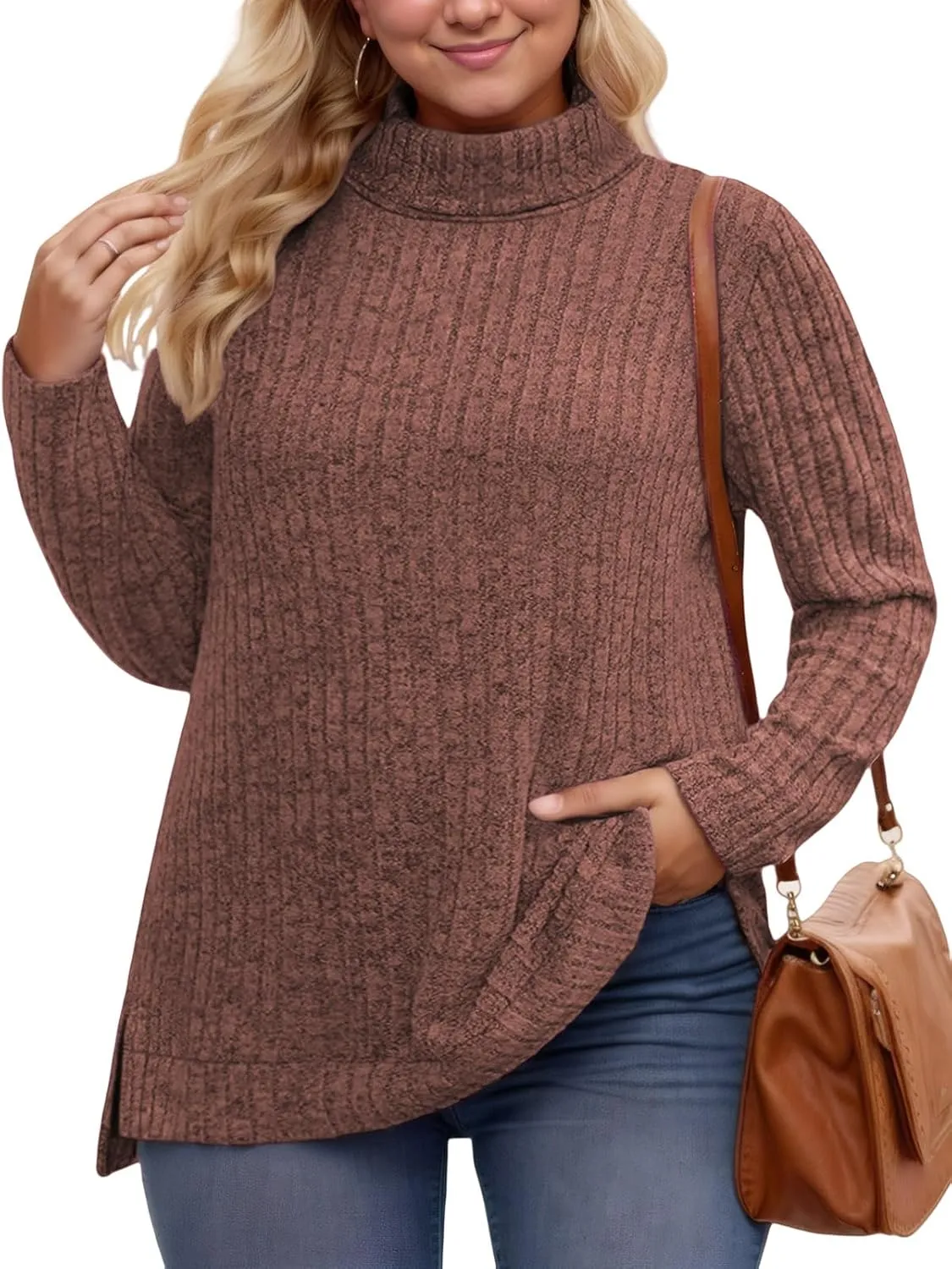 VISLILY Womens-Plus-Size-Tops Trendy Turtleneck Lightweight Sweaters Casual Long Sleeve Shirts Dressy Side Split Tunics 1X-5X