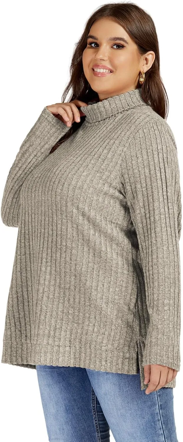 VISLILY Womens-Plus-Size-Tops Trendy Turtleneck Lightweight Sweaters Casual Long Sleeve Shirts Dressy Side Split Tunics 1X-5X