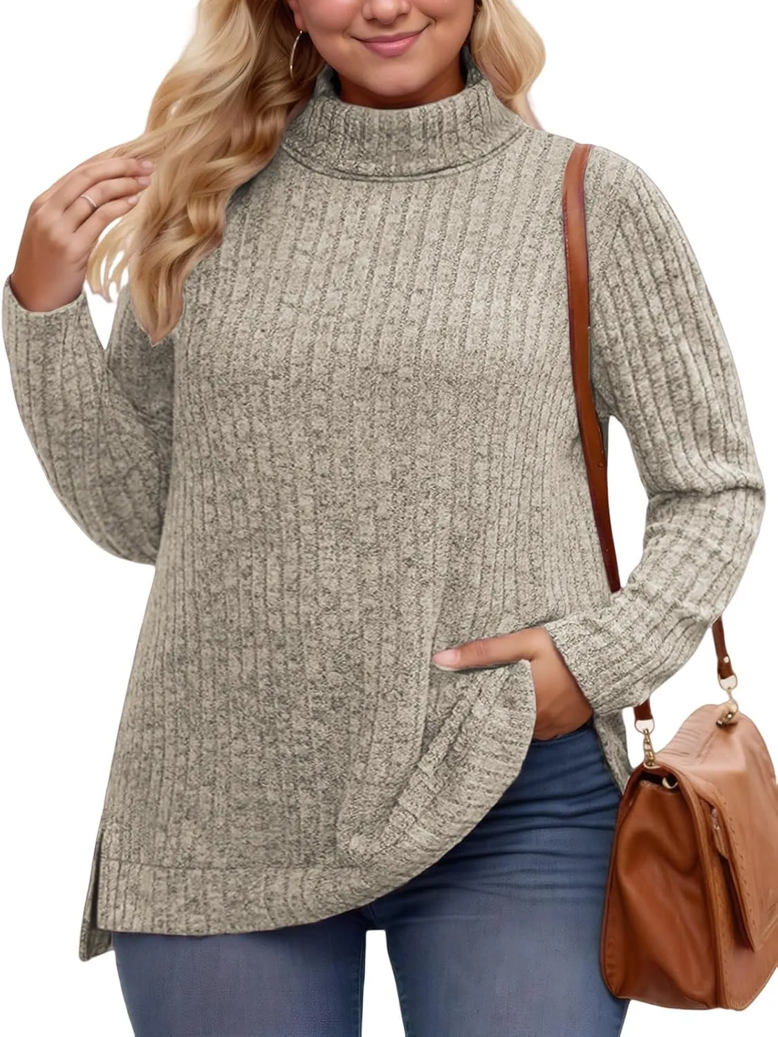 VISLILY Womens-Plus-Size-Tops Trendy Turtleneck Lightweight Sweaters Casual Long Sleeve Shirts Dressy Side Split Tunics 1X-5X