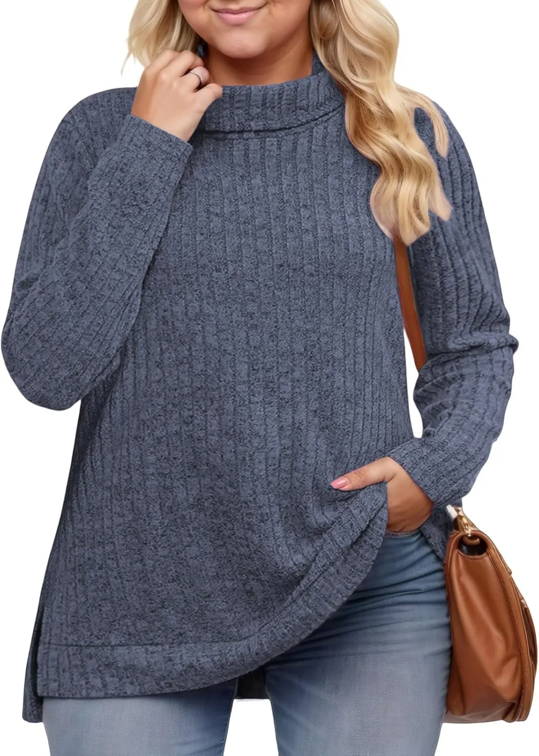 VISLILY Womens-Plus-Size-Tops Trendy Turtleneck Lightweight Sweaters Casual Long Sleeve Shirts Dressy Side Split Tunics 1X-5X