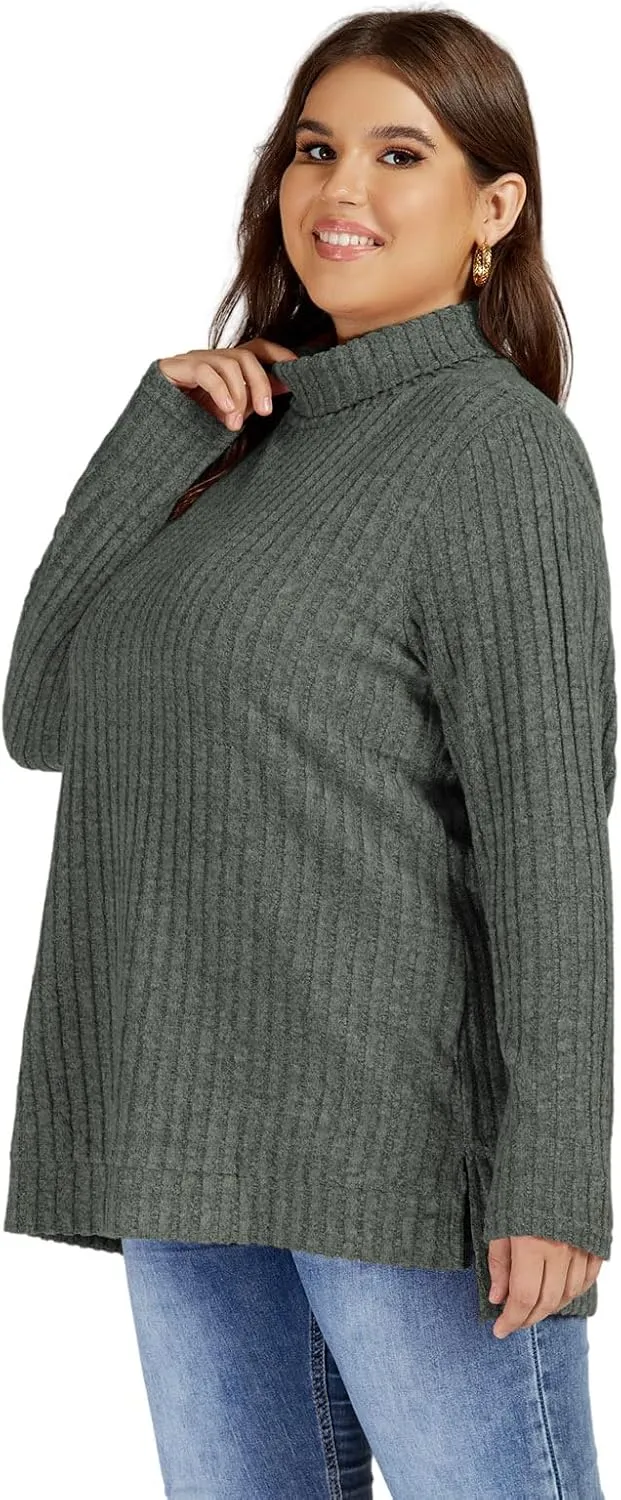 VISLILY Womens-Plus-Size-Tops Trendy Turtleneck Lightweight Sweaters Casual Long Sleeve Shirts Dressy Side Split Tunics 1X-5X